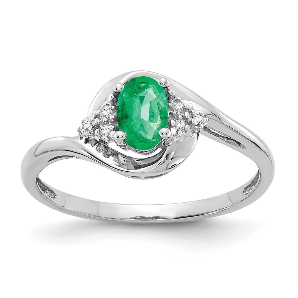 Million Charms 14k White Gold Green Emerald and Diamond Ring, Size 7